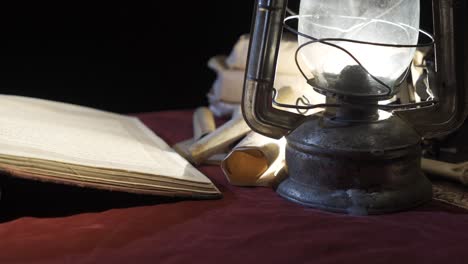 Worn-history-book-of-ancient-times.-Reading-by-kerosene-lamp.